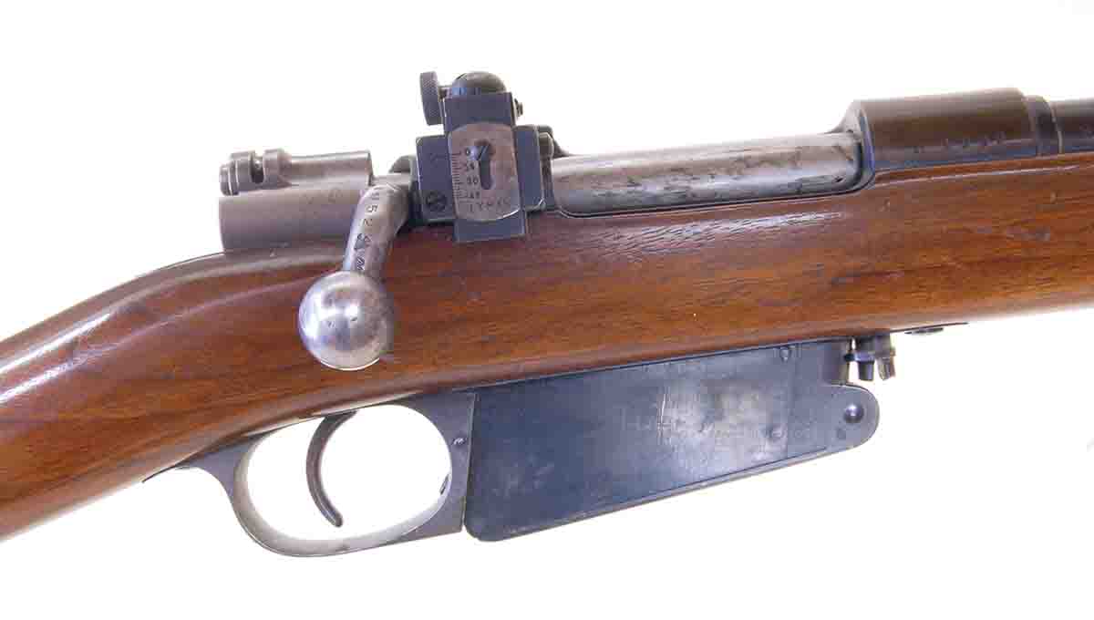An M91 Mauser with a receiver sight added. This action was not the one used in the column, because it has no missing parts.
